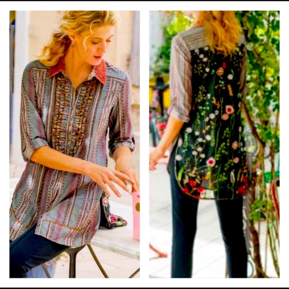 Soft Surroundings Striped Ruffle Floral Blouse Sz S Floral